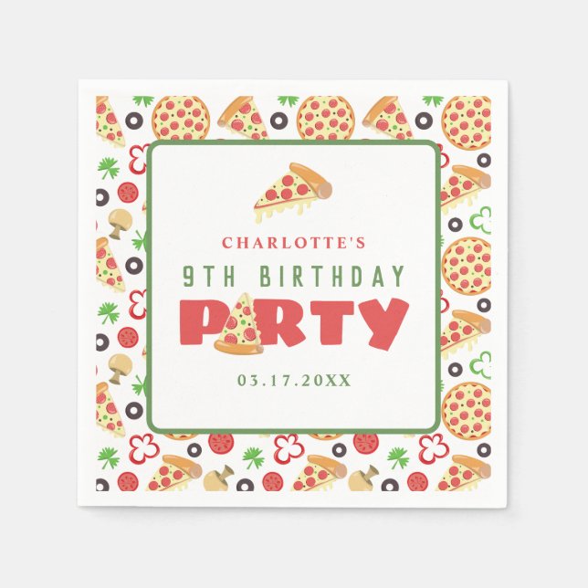 Pizza Party Modern Custom Age Kids Birthday Cute Napkins (Front)