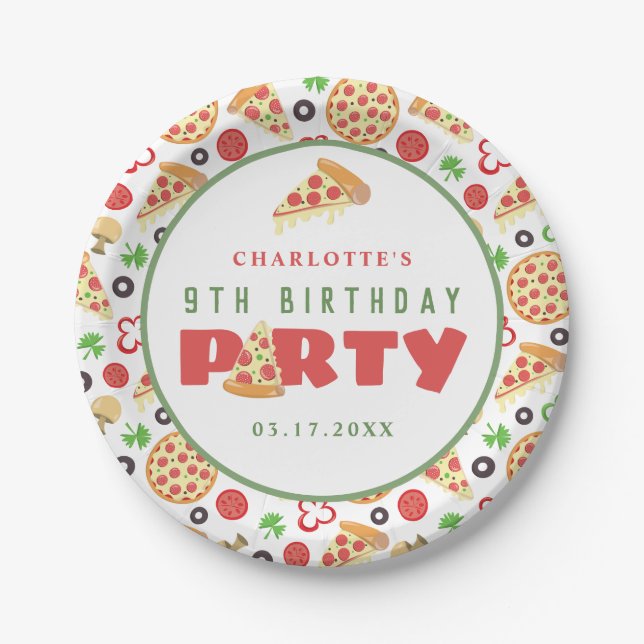 Pizza Party Modern Custom Age Kids Birthday Cute Paper Plates (Front)