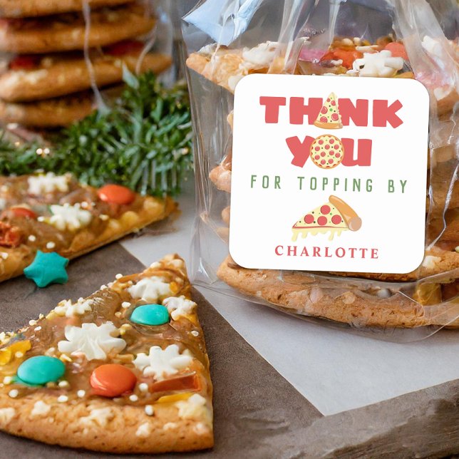 Pizza Party Modern Kids Birthday Favor Thank You Square Sticker (Creator Uploaded)