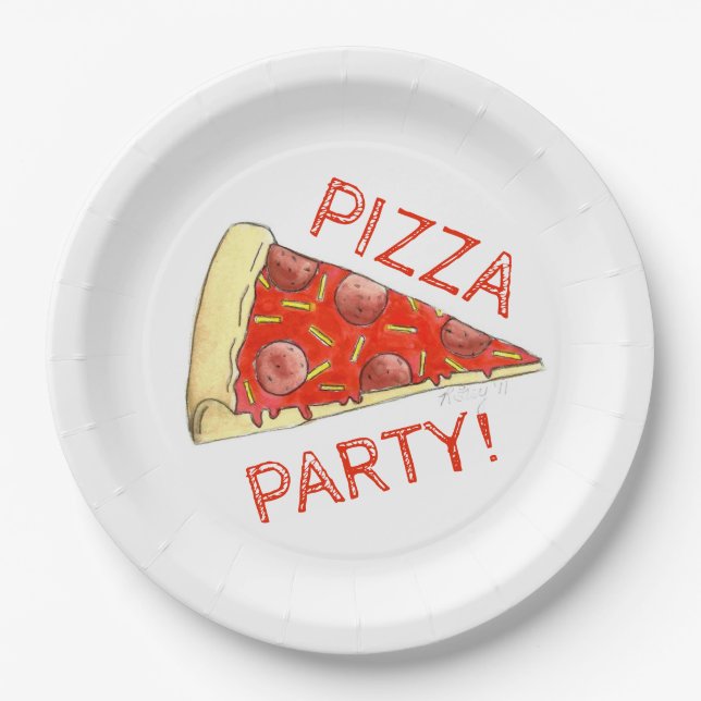 PIZZA PARTY! Pepperoni Cheese Pie Slice Pizzeria Paper Plates (Front)