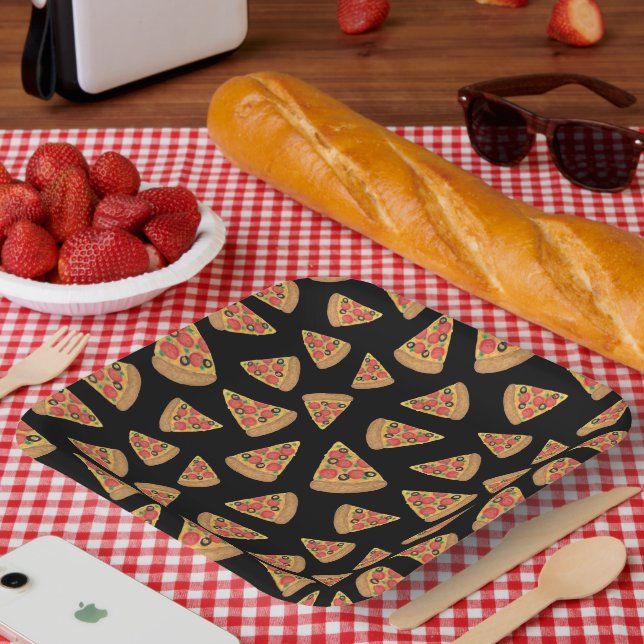 Pizza Party Pepperoni Novelty Black Paper Plates (Picnic)