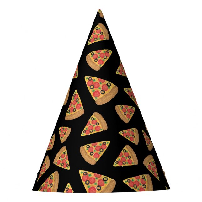 Pizza Party Pepperoni Novelty Black Party Hat (Front)