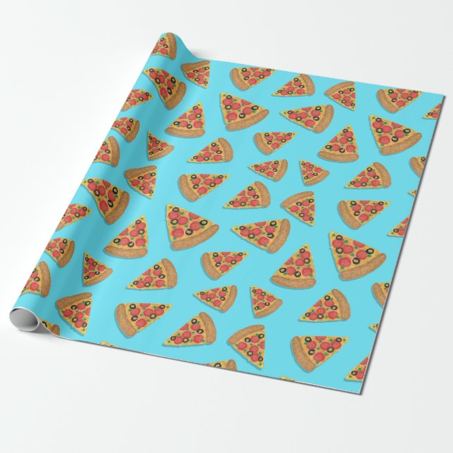 Pizza Party Pepperoni Novelty Blue Wrapping Paper (Unrolled)