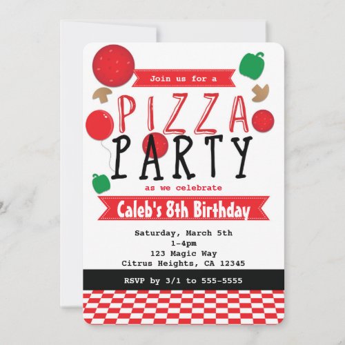 Pizza Party Red Black  White Birthday Invitations