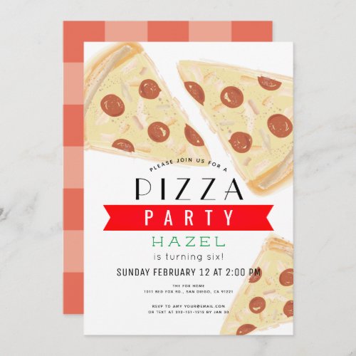 Pizza Party Red Gingham Birthday Invitation
