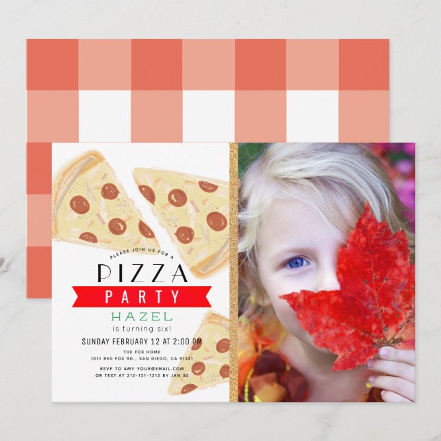 Pizza Party Red Gingham Photo Birthday Invitation (Front/Back)
