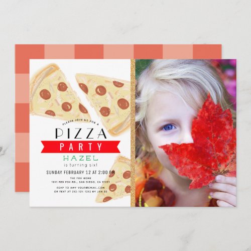 Pizza Party Red Gingham Photo Birthday Invitation