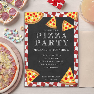 Pizza party slices kids birthday checkered retro invitation