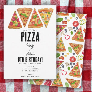 Pizza Party Theme Watercolor Birthday Kids Invitation