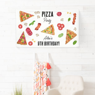 Pizza Party Theme Watercolor Kids Birthday Party Banner