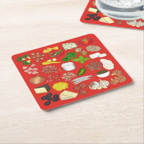 Pizza Party Toppings Italian Food Pizzeria Pie Square Paper Coaster