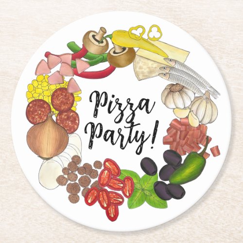 Pizza Party Toppings Make Your Own Birthday Decor Round Paper Coaster