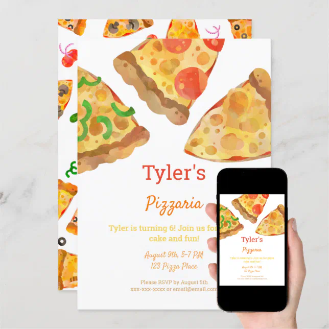 Pizza Party Watercolor Birthday Invitation | Zazzle