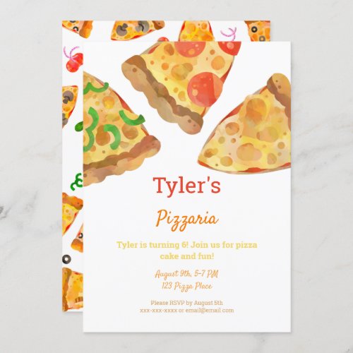 Pizza Party Watercolor Birthday Invitation