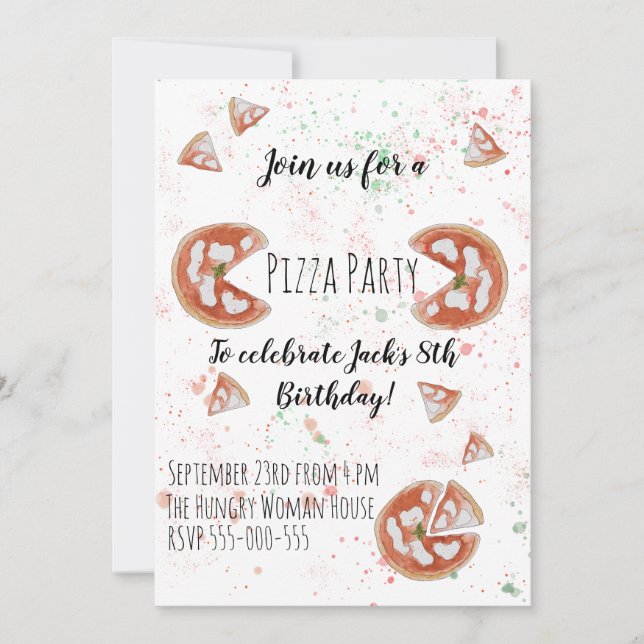Pizza Party Watercolour Invitation (Front)