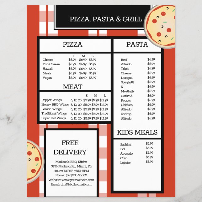 Pizza Pasta Grill Restaurant Spaghetti Menu Flyer (Front)