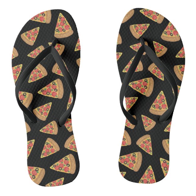 Pizza Pattern Black Flip Flops (Footbed)