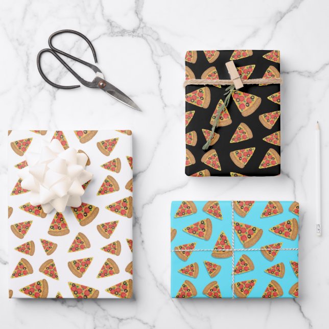 Pizza Pattern Blue Black and White Wrapping Paper Sheets (Front)