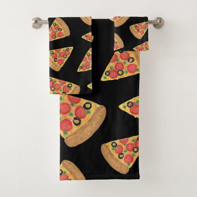 Pizza Pattern Novelty Cute Black Teen Gift Bath Towel Set (Insitu)