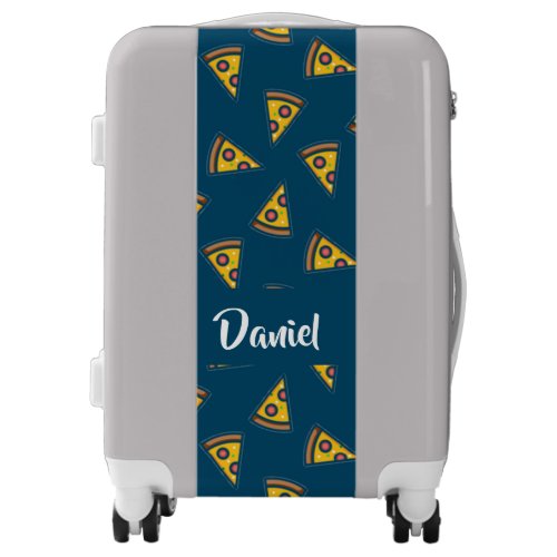 Pizza pattern on blue luggage