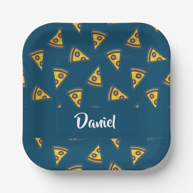 Pizza pattern on blue paper plates (Front)