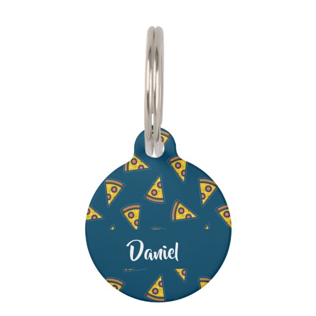 Pizza pattern on blue pet ID tag (Front)