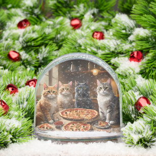 "Pizza Paw-ty: Four Cats Digging In!" Snow Globe