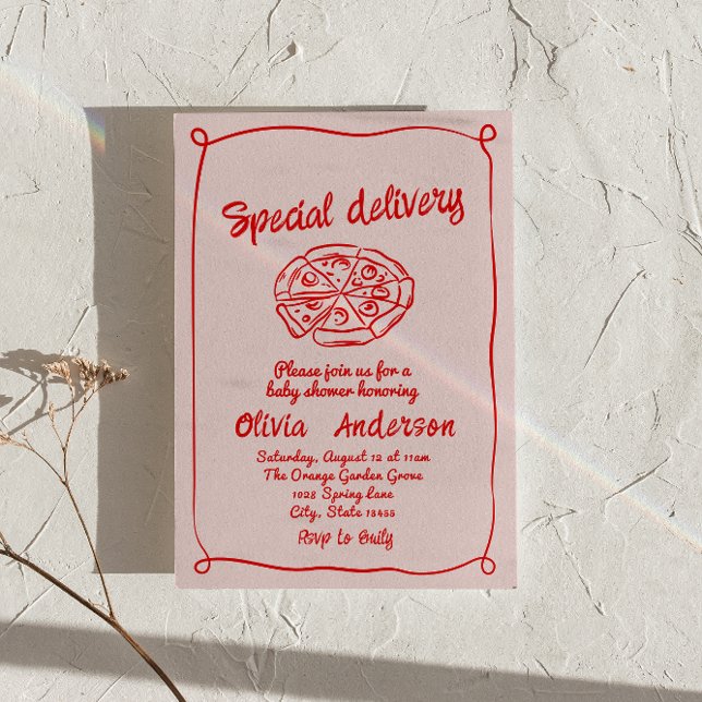 Pizza Pink Hand Drawn Special Delivery Baby Shower Invitation (Creator Uploaded)