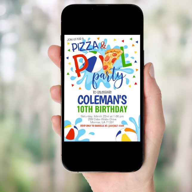 Pizza & Pool Party Birthday Invitation (Front Digital)