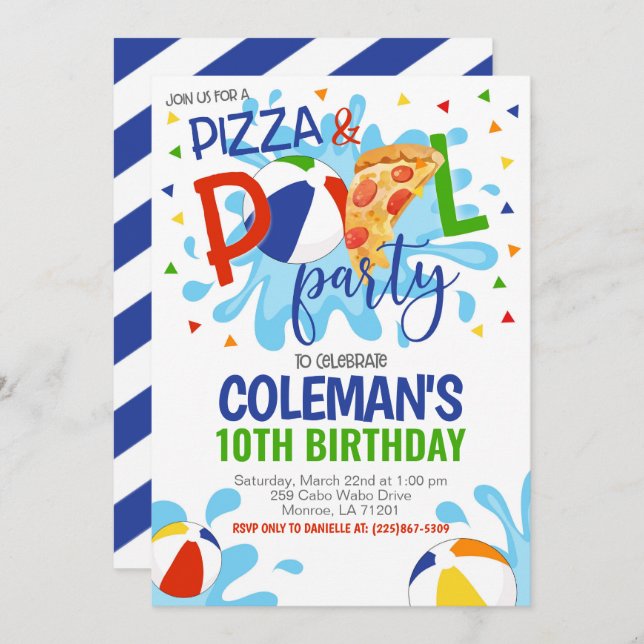 Pizza & Pool Party Birthday Invitation (Front/Back)