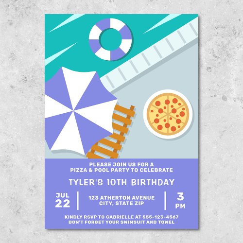 Pizza Pool Party Swimming Pool Blue Modern Invitation