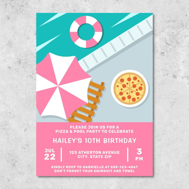 Pizza Pool Party Swimming Pool Pink Modern Invitation (Pink invitation for a pizza & pool party)