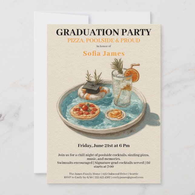 Pizza, Poolside, Pool Party | graduation party Invitation (Front)