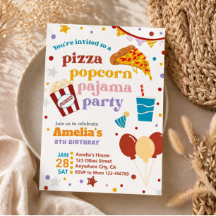 Pizza Popcorn and Pajamas Birthday Invitation