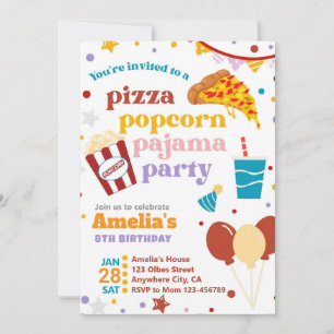 Pizza Popcorn and Pajamas Birthday Invitation