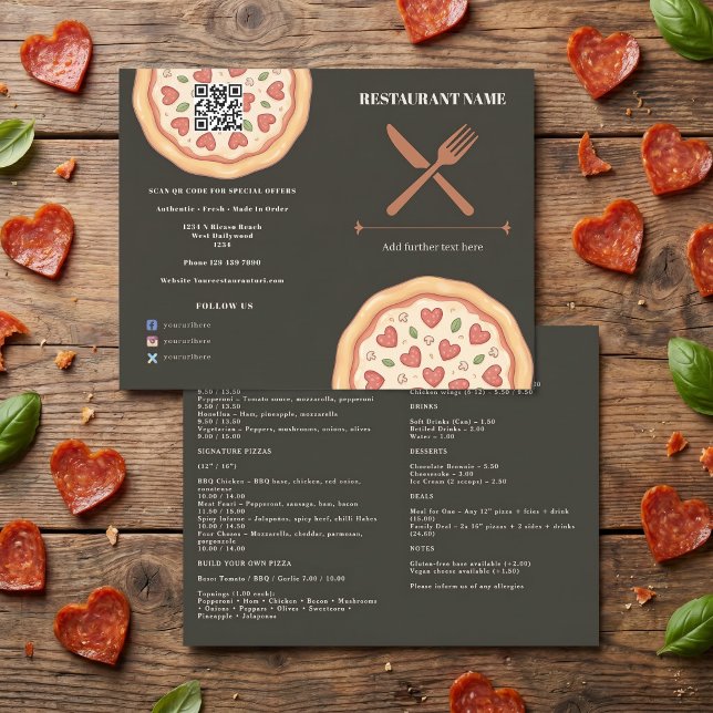 Pizza Restaurant Personalized  Menu (Pizza Restaurant Personalized Menu by Ricaso. Add your own text menu, contact details QR code)