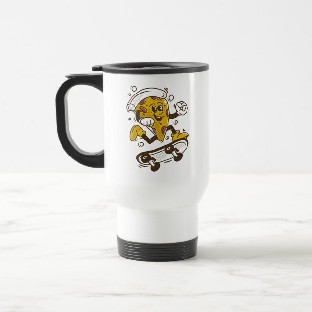 Pizza Skateboard | Cute Cartoon Pizza Character Travel Mug (Left)
