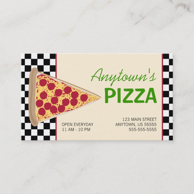 Pizza Slice & Black Checkerboard Pizza Business Card (Front)