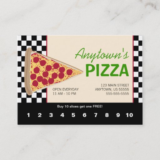 Customizable Pizza Slice &amp; Black Checkerboard Pizza Loyalty Business Cards