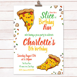 Pizza, Slice of Birthday fun, kawaii Invitation