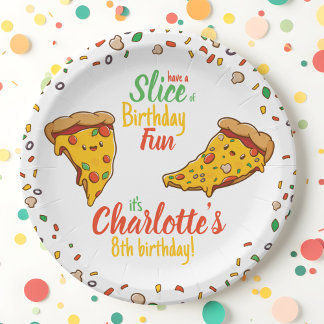 Pizza, Slice of Birthday fun, kawaii Paper Plates