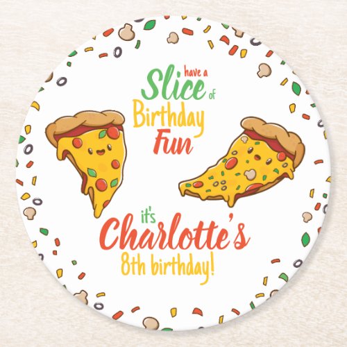 Pizza Slice of Birthday fun kawaii  Round Paper Coaster