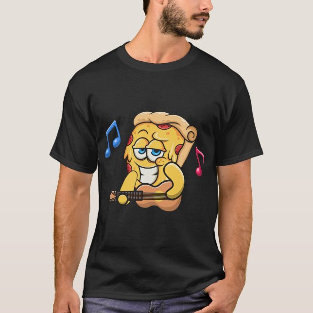 Pizza Slice playing Guitar, Bass Music Rock Guitar T-Shirt (Front)