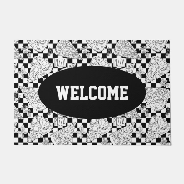 Pizza Slices Black White Checkered Chef Welcome Doormat (Front)