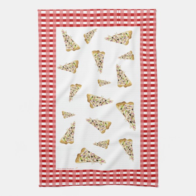 Pizza Slices Red Checkered Border Tea Towel (Vertical)