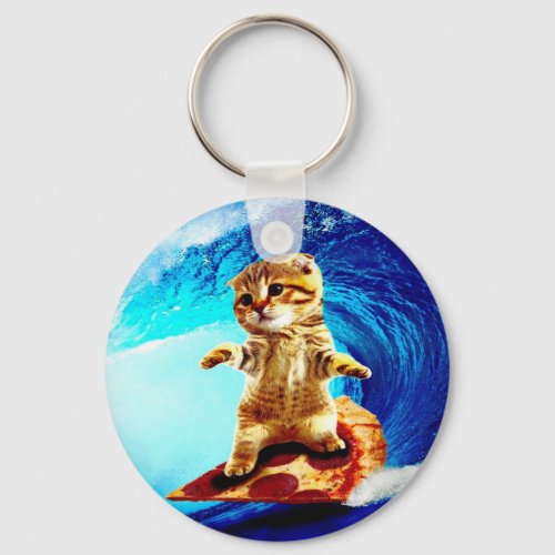 Pizza Surfing Cat Keychain