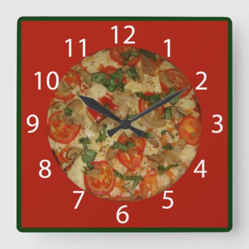 Pizza Time _ Red border  White Numbers Square Wall Clock