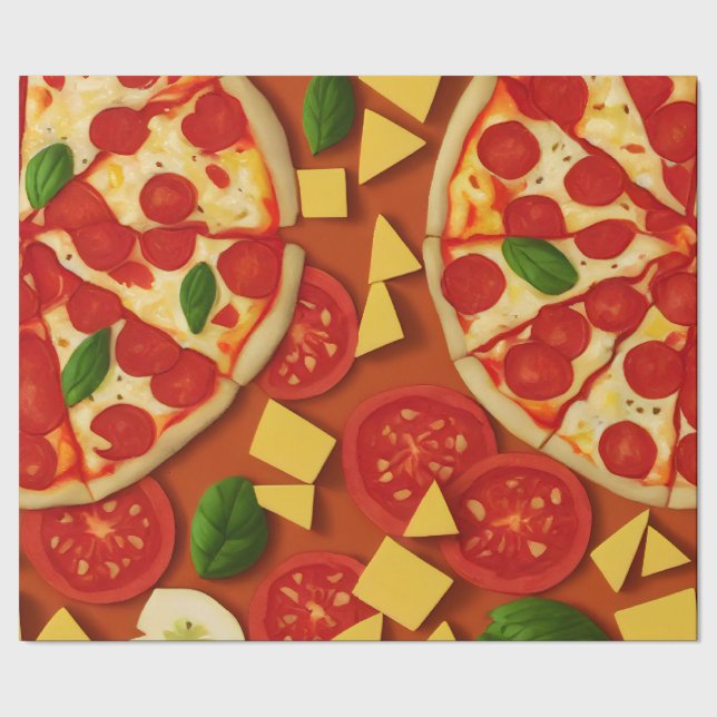 Pizza tomato cheese basil pattern bright wrapping paper (Seam)
