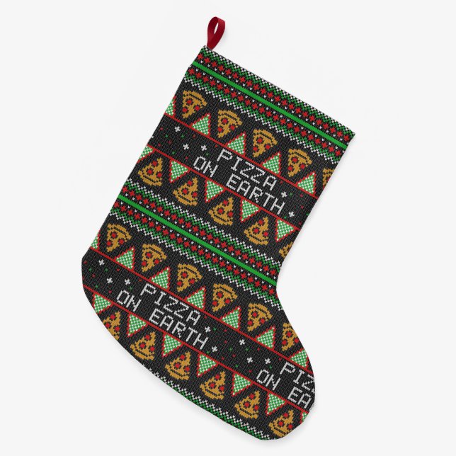 Pizza Ugly Christmas Sweater Large Christmas Stocking (Front (Hanging))