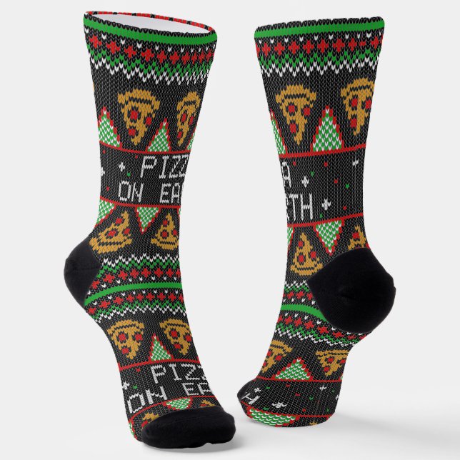 Pizza Ugly Christmas Sweater Socks (Angled)